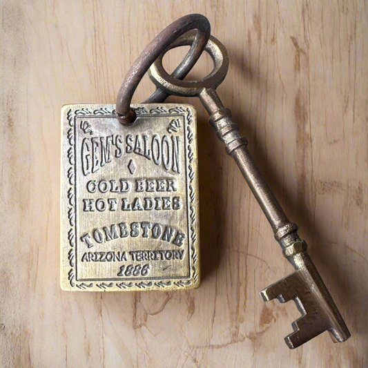 Gem's Saloon 1886 Tombstone Brothel Room Brass Tag & Key With Antique Finish (6.5" Long)