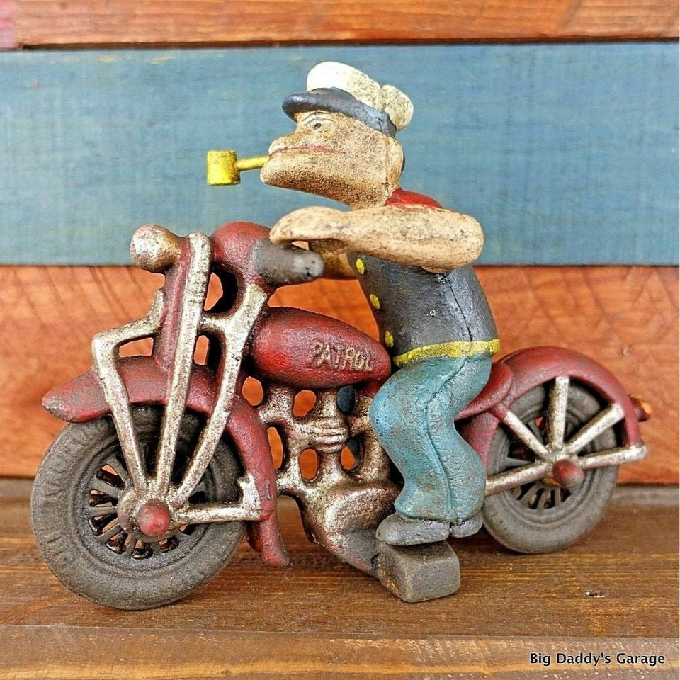 Popeye Sailor Man Patrol HD Motorcycle Figurine Cast Iron Painted With Antique Finish (8" x 6")