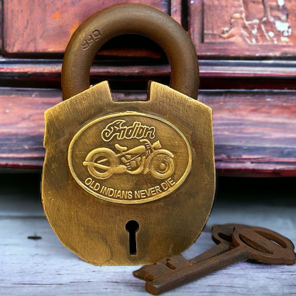 Indian Motorcycles Solid Brass Working Lock With Keys and Antique Finish (3.25" x 2.25")