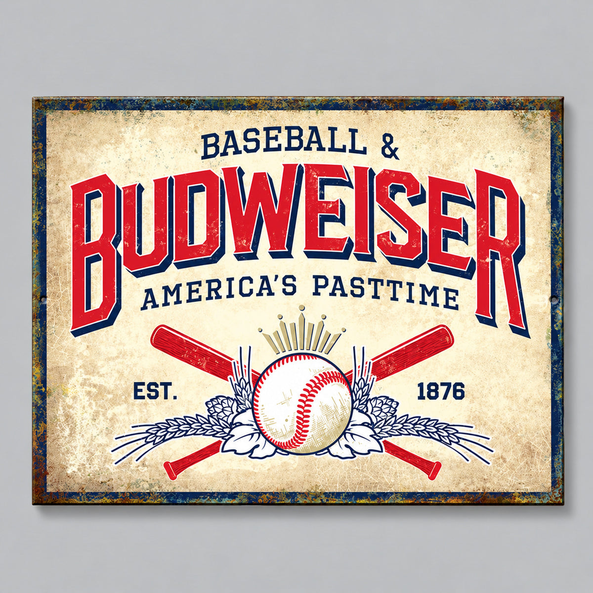 Budweiser Baseball Metal Sign on a soft gray background