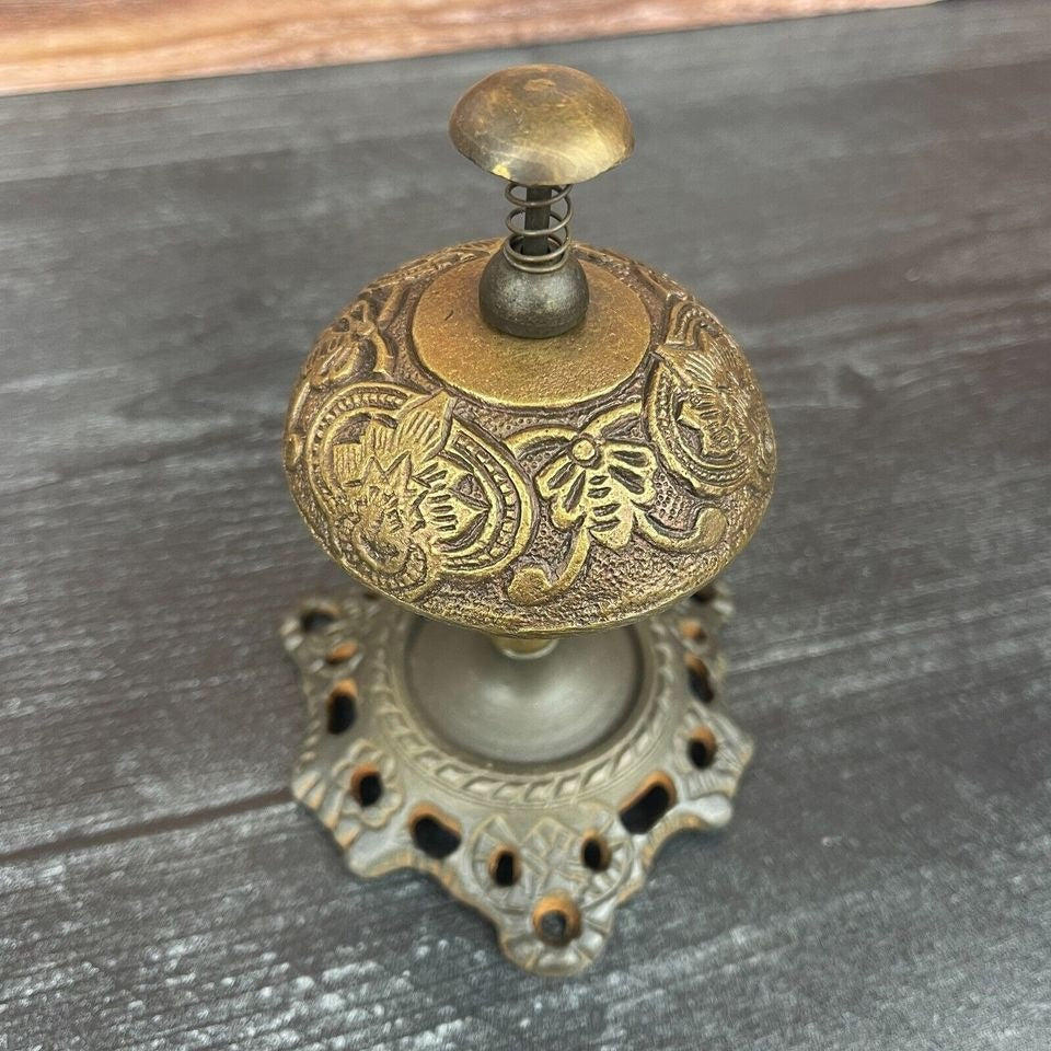 Hotel Desk Bell On Stand Solid Brass With Butterfly Engraving And Antique Finish (5" x 3.5")