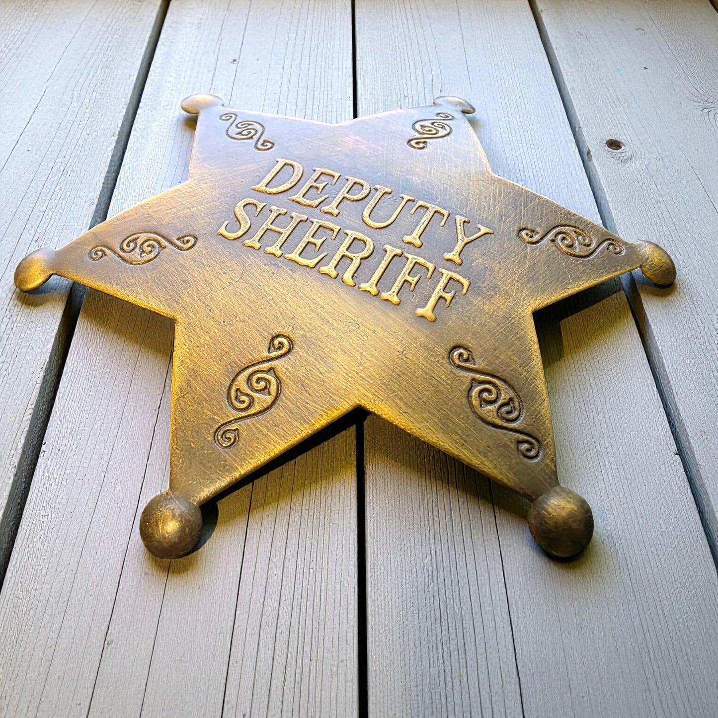 Deputy Sheriff Old West Solid Brass Star Badge With Antique Finish & Soldered Pin (3" x 2.25") - Jones Peak