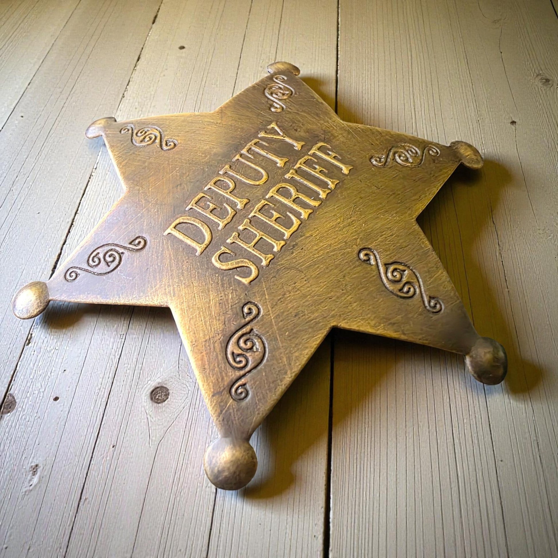 Deputy Sheriff Old West Solid Brass Star Badge With Antique Finish & Soldered Pin (3" x 2.25") - Jones Peak