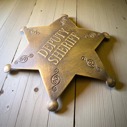 Deputy Sheriff Old West Solid Brass Star Badge With Antique Finish & Soldered Pin (3" x 2.25") - Jones Peak