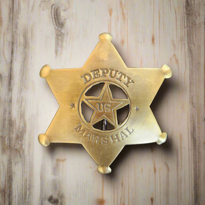 Deputy US Marshal Solid Brass Star Badge With Antique Finish & Soldered Pin (3" x 2.25") - Jones Peak