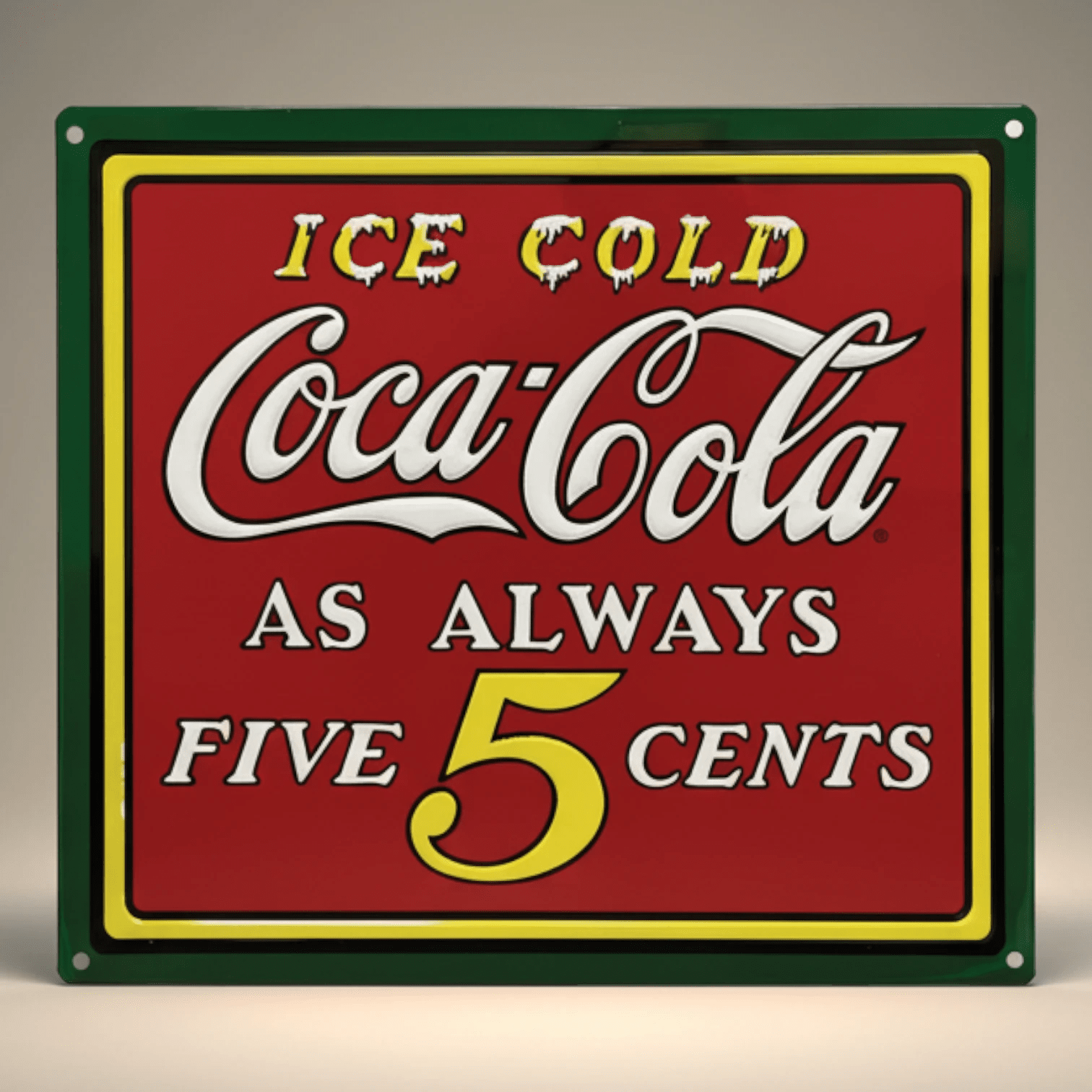 Coca-Cola Ice Cold 5 Cents Embossed Metal Wall Sign