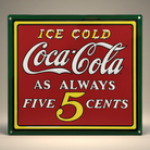 Coca-Cola Ice Cold 5 Cents Embossed Metal Wall Sign