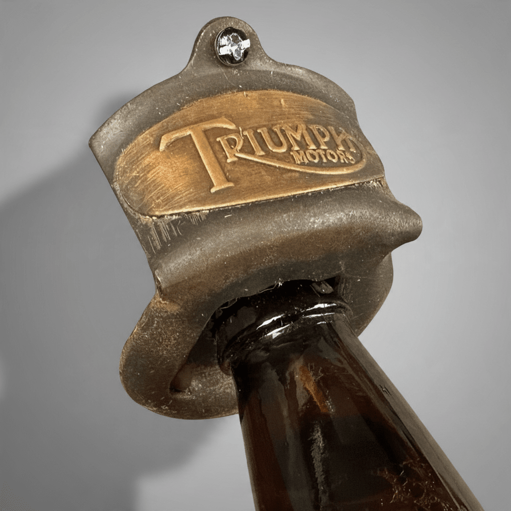 Jones Peak Triumph Motorcycles embossed metal wall-mounted bottle opener with an antiqued vintage finish.
