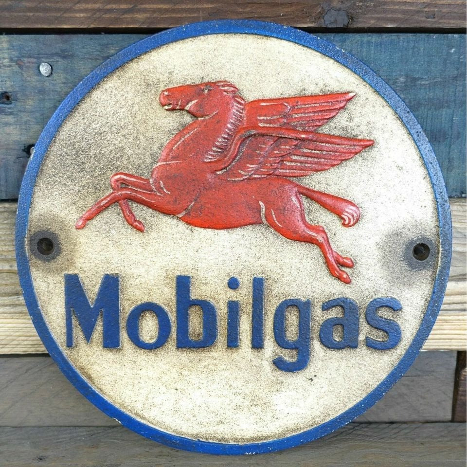 Mobilgas Pegasus Flying Horse Cast Iron Plaque With Painted Antique Finish (9.25" Round)