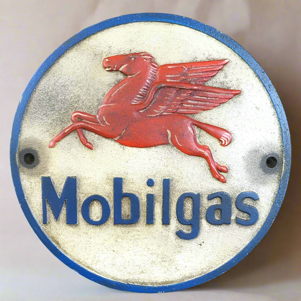 Mobilgas Pegasus Flying Horse Cast Iron Plaque With Painted Antique Finish (9.25" Round)