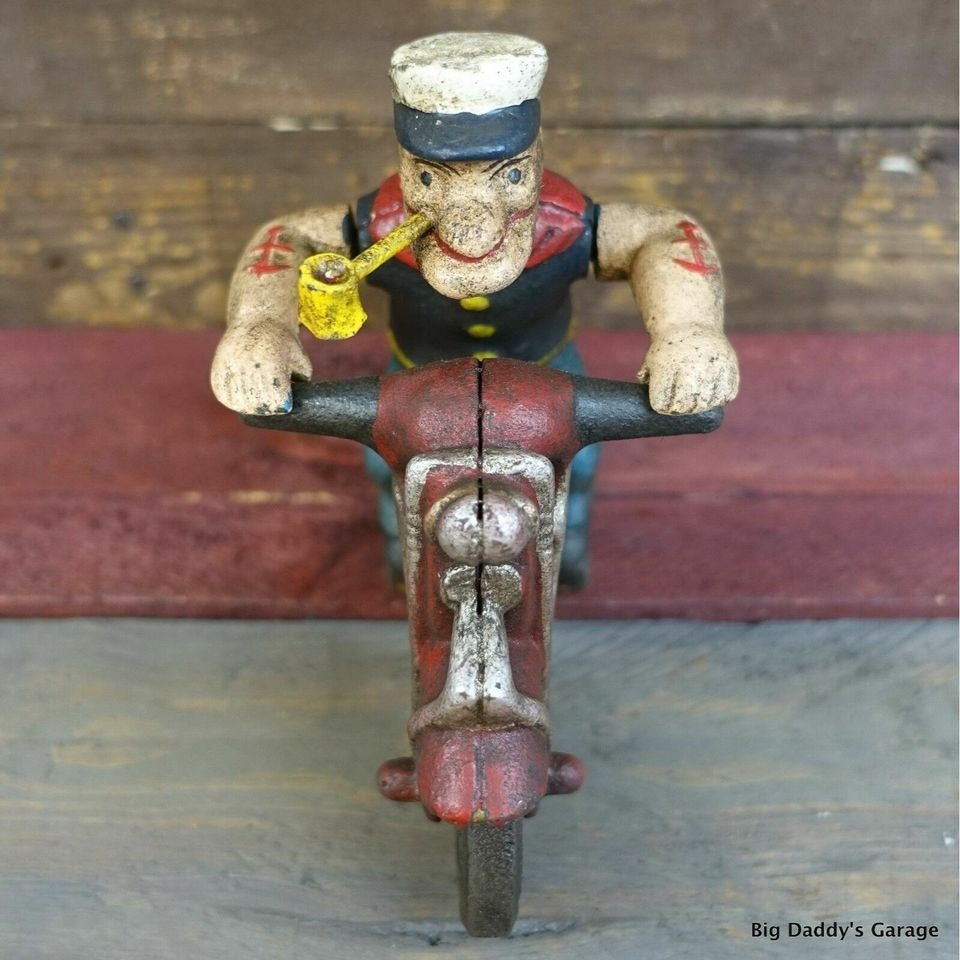 Popeye Sailor Man Patrol HD Motorcycle Figurine Cast Iron Painted With Antique Finish (8" x 6")