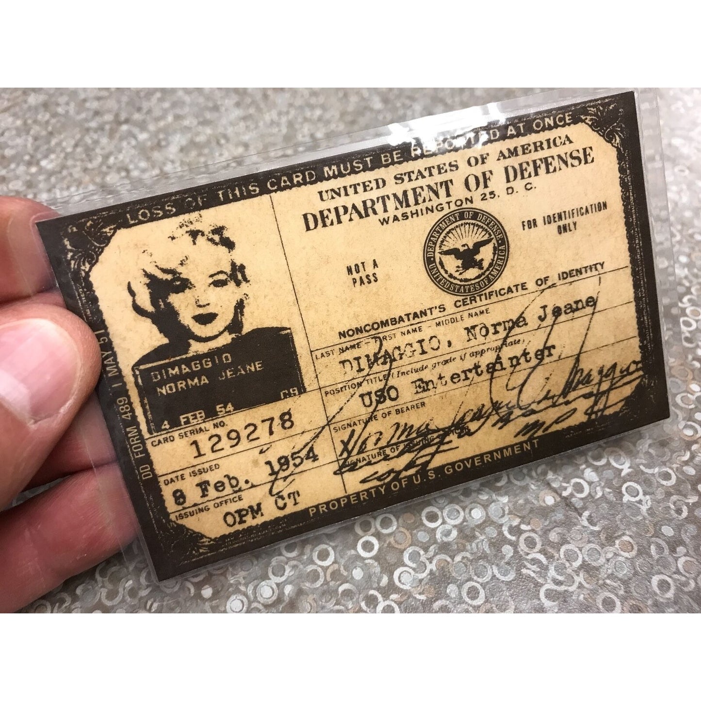 Marilyn Monroe 1954 USA USO ID Card (4.5" x 3")