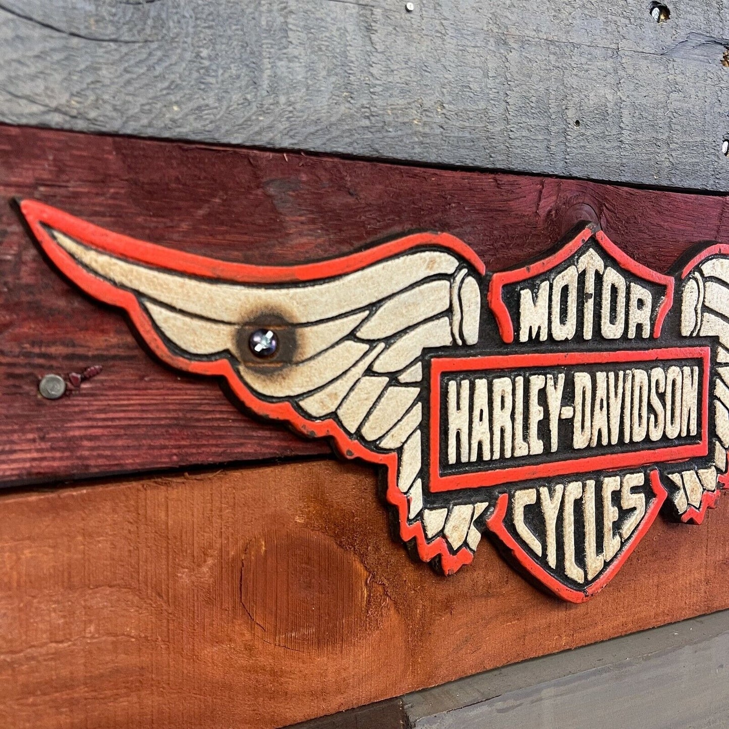 HD Motorcycles Wings Solid Cast Iron Plaque With Painted Antique Finish (15" x 6")