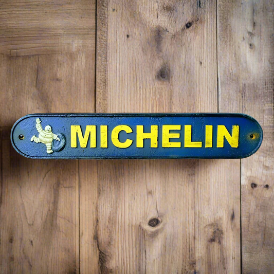 Michelin Tire Man Cast Iron Plaque With A Distressed Antique Hand Painted Finish (19.5" x 3.5")