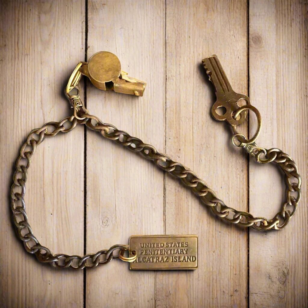 Alcatraz Prison Guard Iron Cell Key, Tag & Solid Brass Whistle (27" Chain)