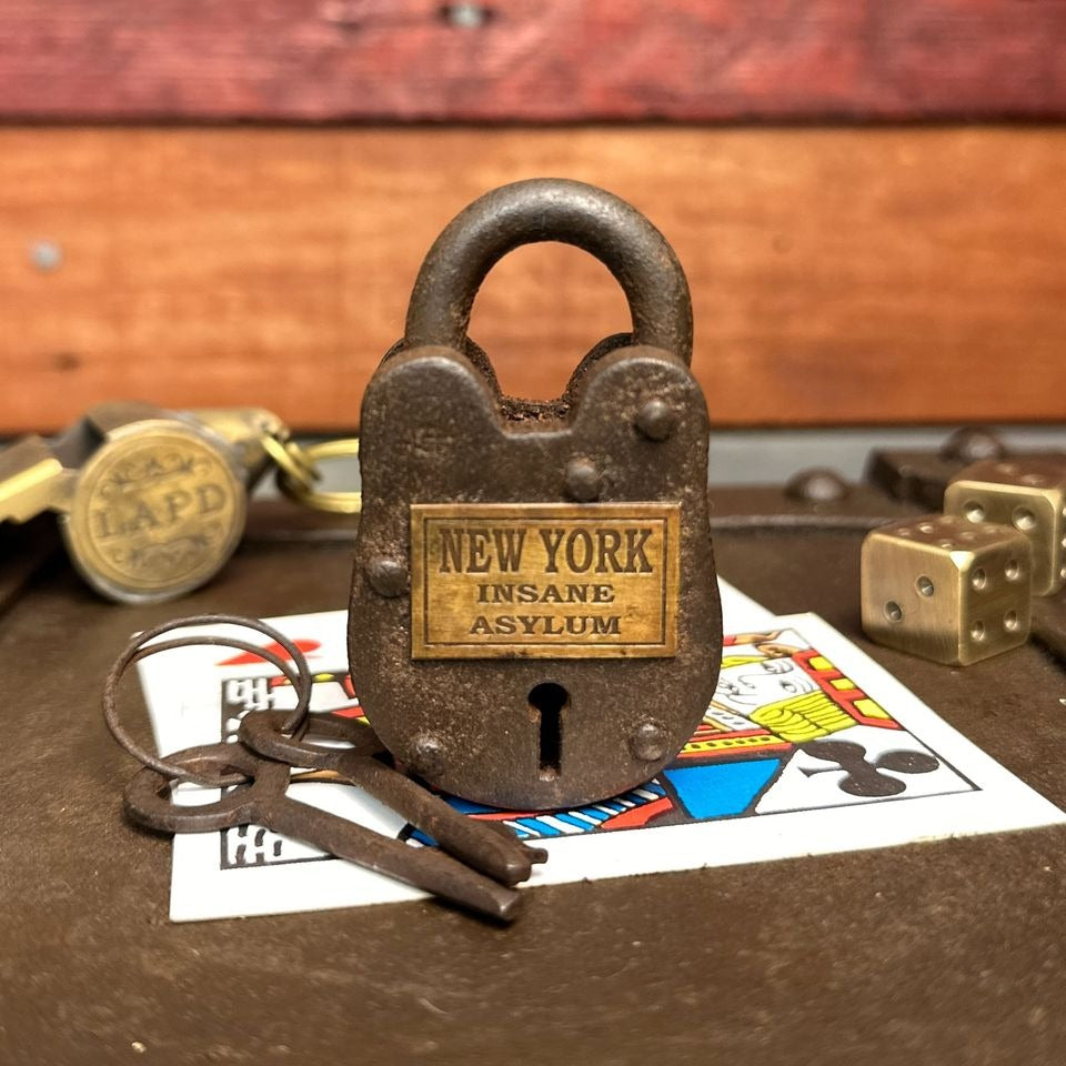 New York Insane Asylum Cast Iron Gate Lock With Brass Tag & Keys (2.5" x 1.5")