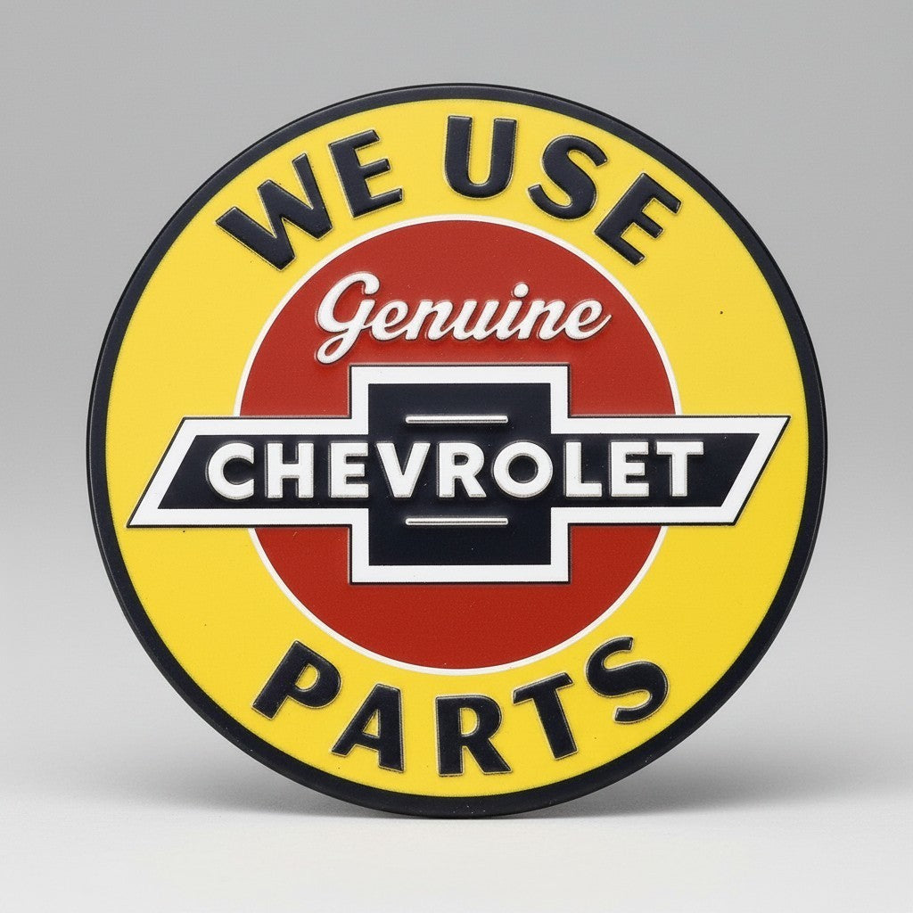 Jones Peak Chevrolet Genuine Parts embossed metal magnet, round, yellow, red, blue