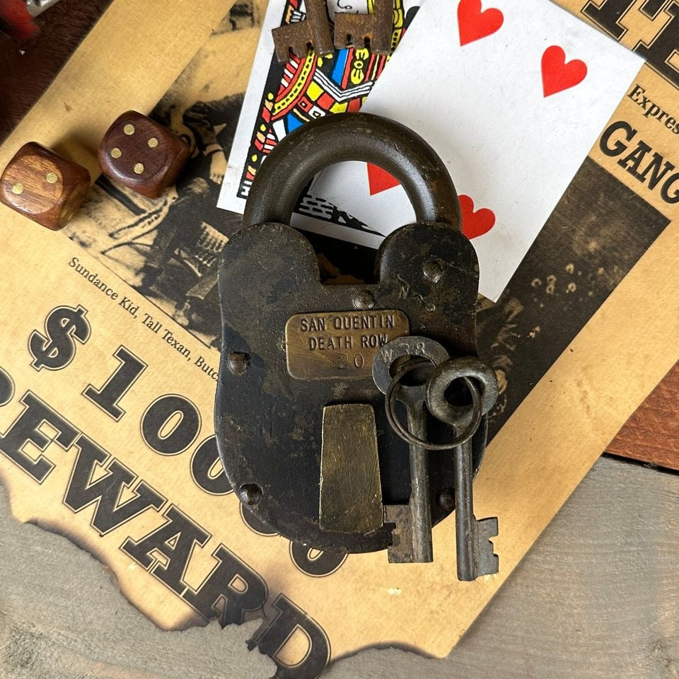 San Quentin Death Row Cast Iron Lock With Brass Tag & Antique Finish (3" x 5")