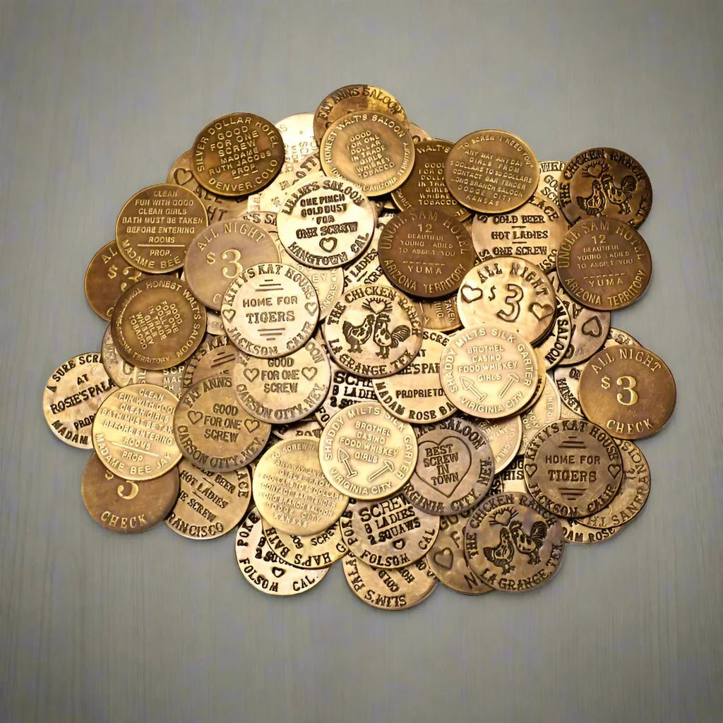 Brothel Solid Brass Tokens With Raised Lettering & Antique Finish (Set Of 6 Assorted Tokens) - Jones Peak