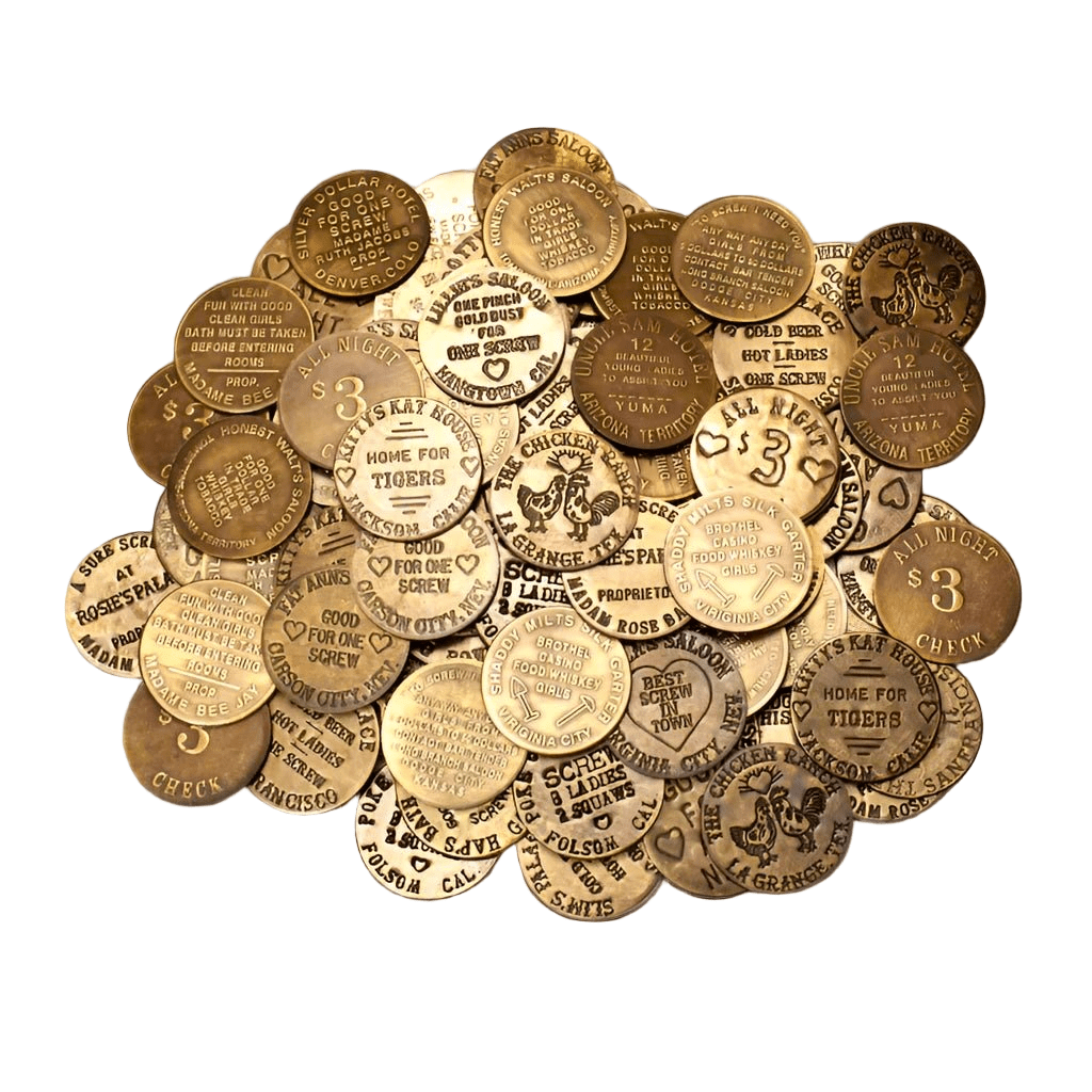 Brothel Solid Brass Tokens With Raised Lettering & Antique Finish (Set Of 6 Assorted Tokens) - Jones Peak