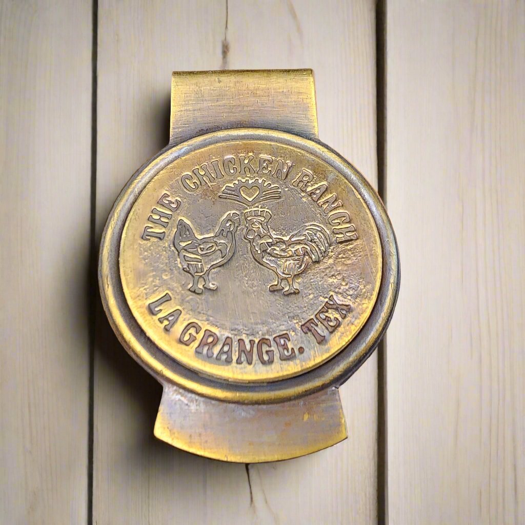 Chicken Ranch Le Grange Texas Solid Brass Money Clip With Raised Lettering & Antique Finish (3" x 2.25") - Jones Peak