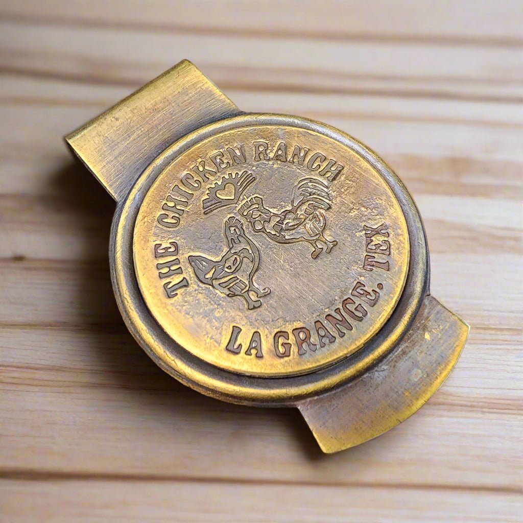 Chicken Ranch Le Grange Texas Solid Brass Money Clip With Raised Lettering & Antique Finish (3" x 2.25") - Jones Peak