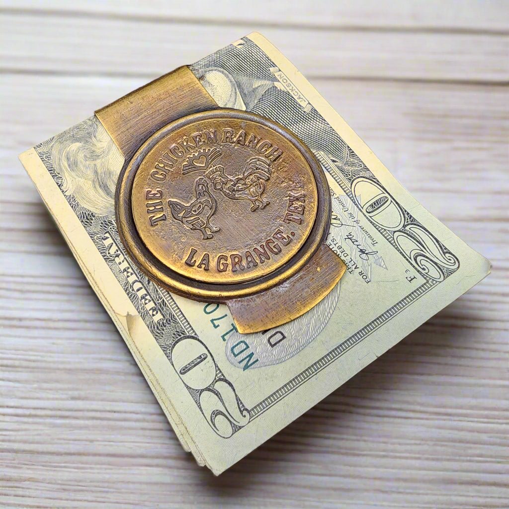 Chicken Ranch Le Grange Texas Solid Brass Money Clip With Raised Lettering & Antique Finish (3" x 2.25") - Jones Peak