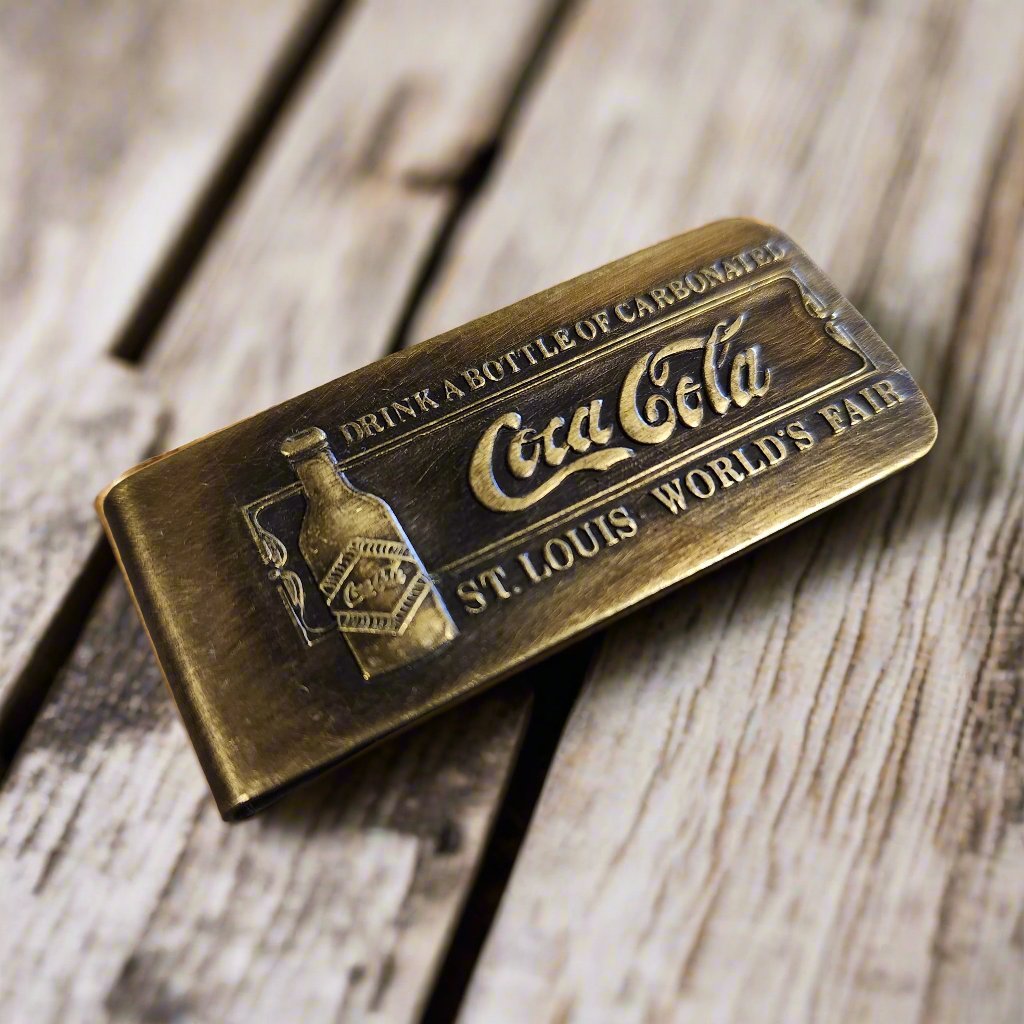 Coca - Cola 1904 World's Fair Solid Brass Embossed Money Clip (2" Long) - Jones Peak