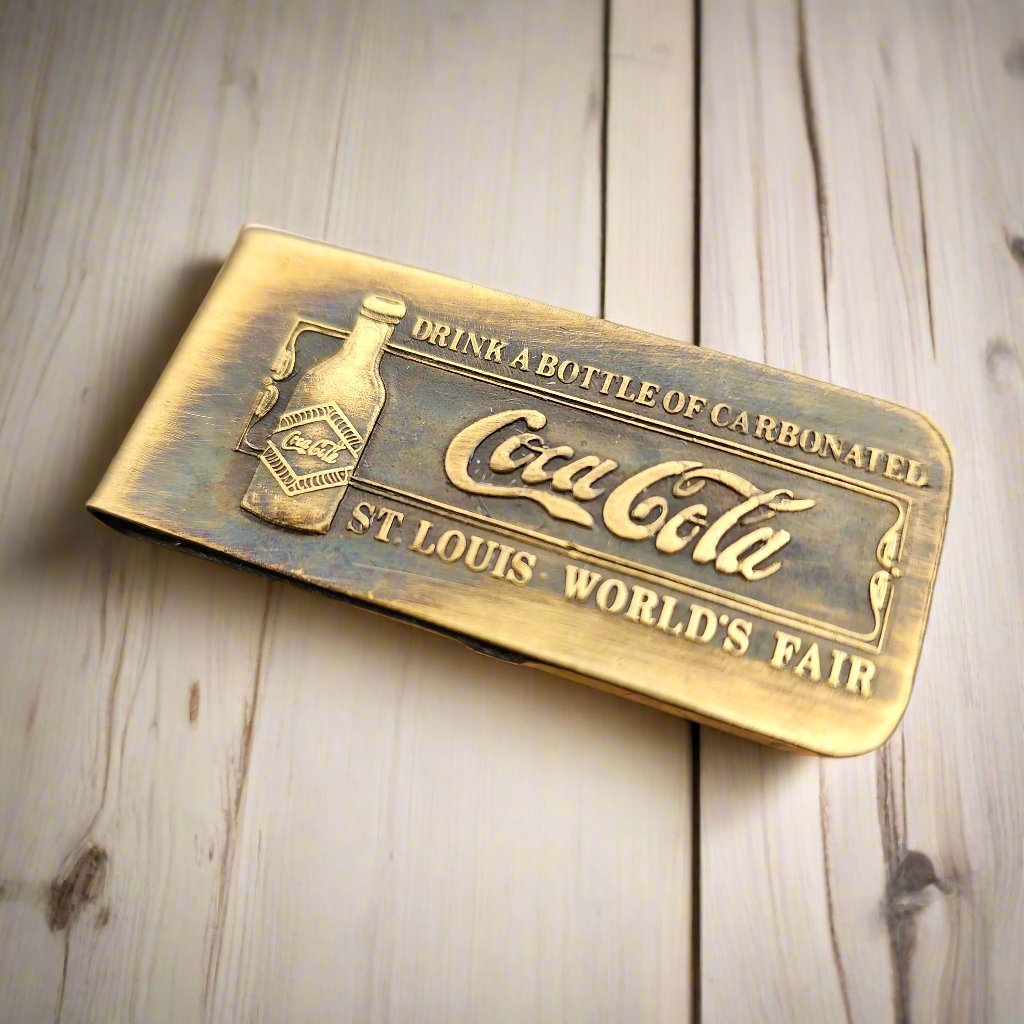 Coca - Cola 1904 World's Fair Solid Brass Embossed Money Clip (2" Long) - Jones Peak