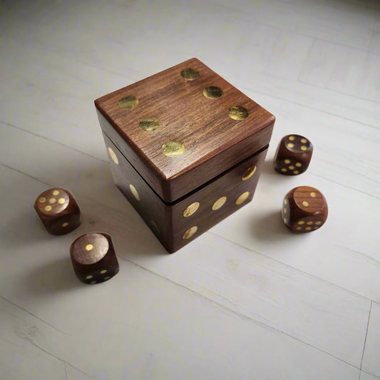 Dice Wood Box With Set of 4 Wood Dice & Gold Inlay (2.75" x 2.5" x 2.5") - Jones Peak