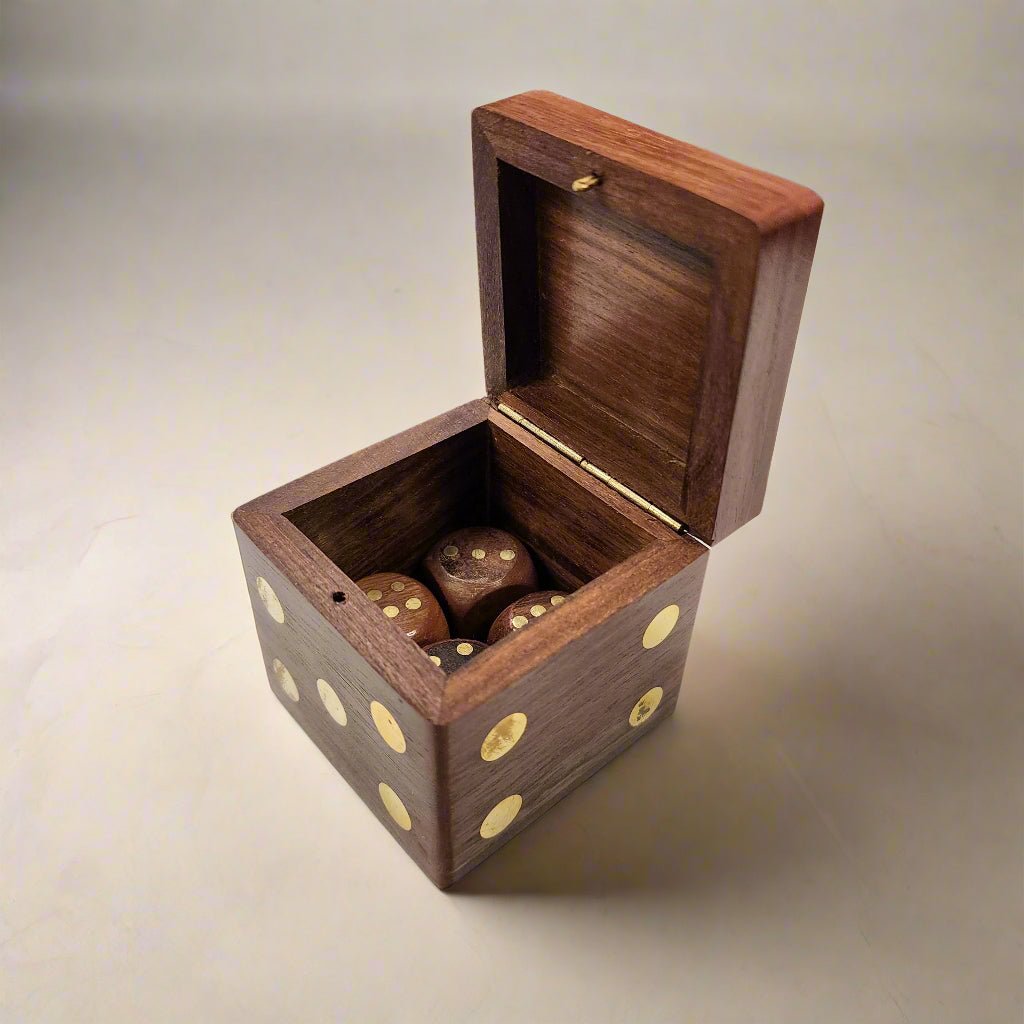 Dice Wood Box With Set of 4 Wood Dice & Gold Inlay (2.75" x 2.5" x 2.5") - Jones Peak