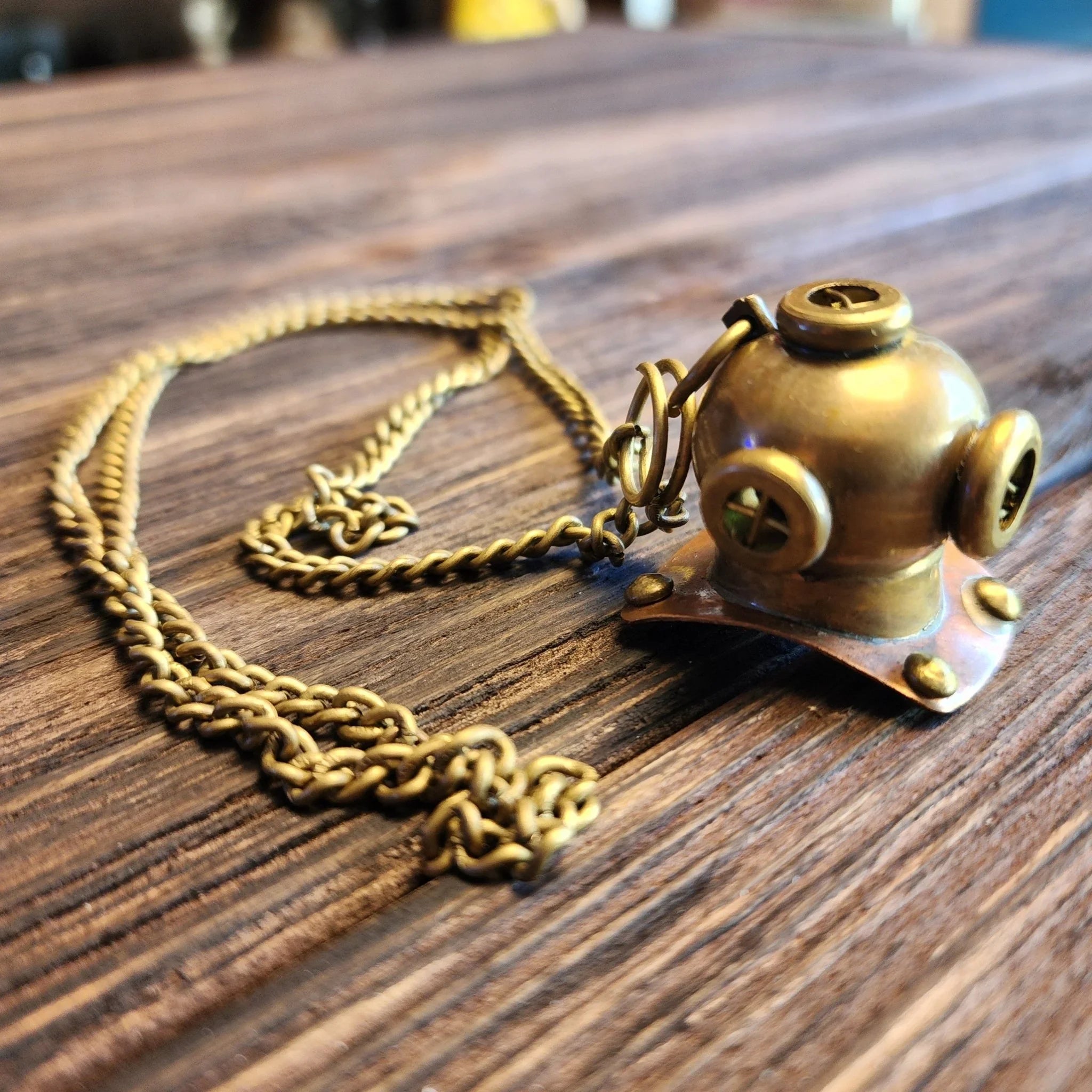 Diver's Helmet Necklace Solid Brass Chain With Antique Finish (26" Chain) - Jones Peak