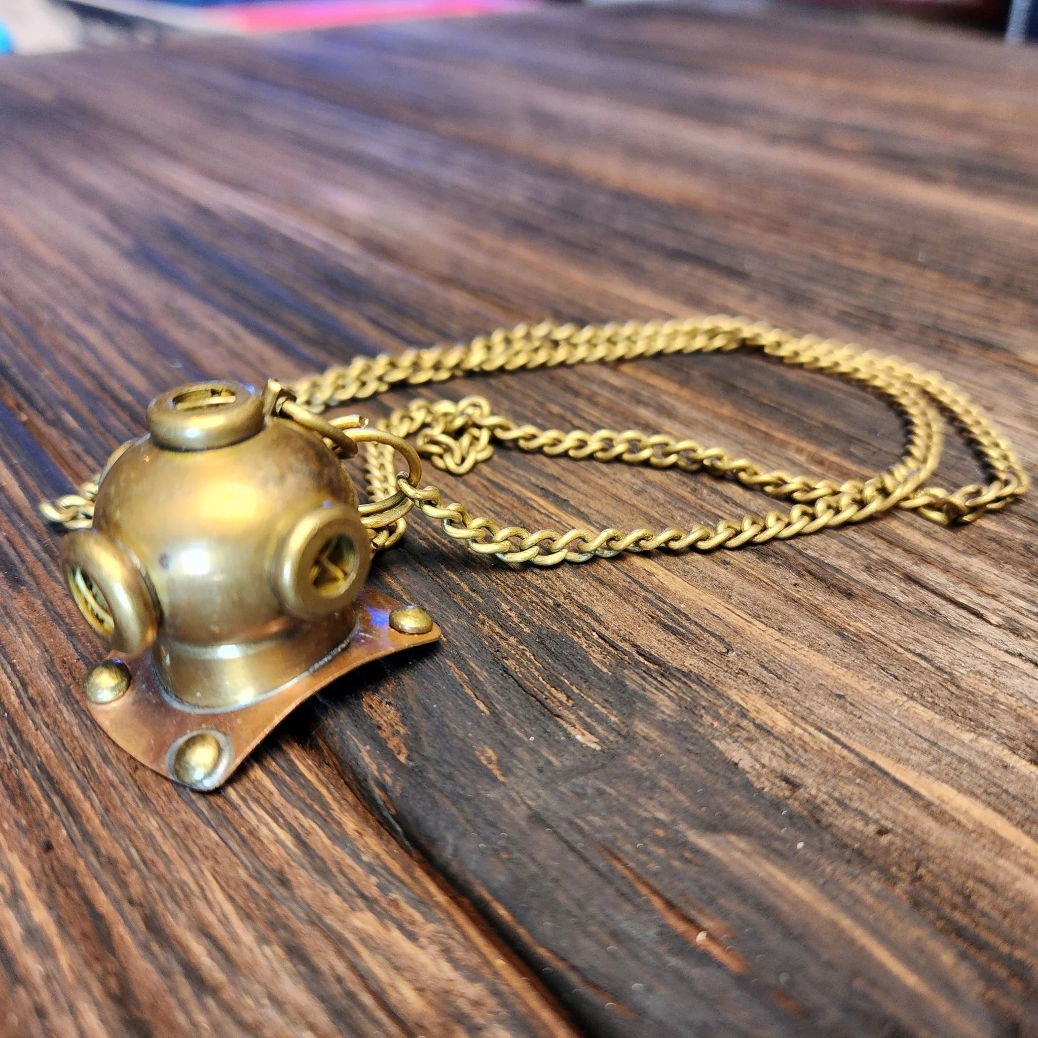 Diver's Helmet Necklace Solid Brass Chain With Antique Finish (26" Chain) - Jones Peak