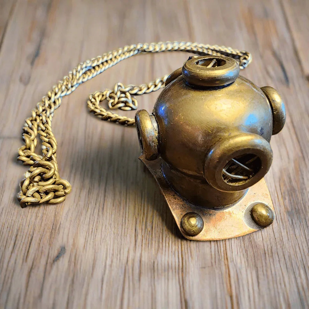 Diver's Helmet Necklace Solid Brass Chain With Antique Finish (26" Chain) - Jones Peak