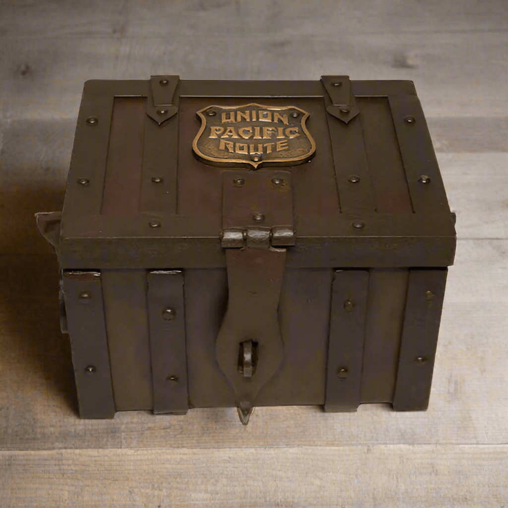 Union Pacific Route Railroad Cast Iron Strong Box With Antique Finish & Brass Tag (10" x 8" x 7") - Jones Peak