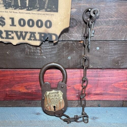 Union Pacific Railroad The Overland Route Cast Iron Lock and Keys With Chain and Antique Finish (5" x 3.5")