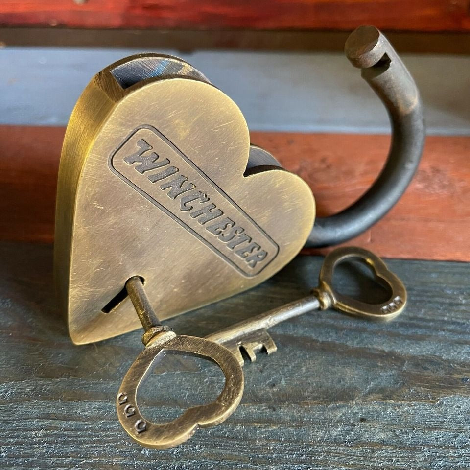 Winchester Heart Solid Brass Lock & Keys With Antique Finish (4.5" x 3")