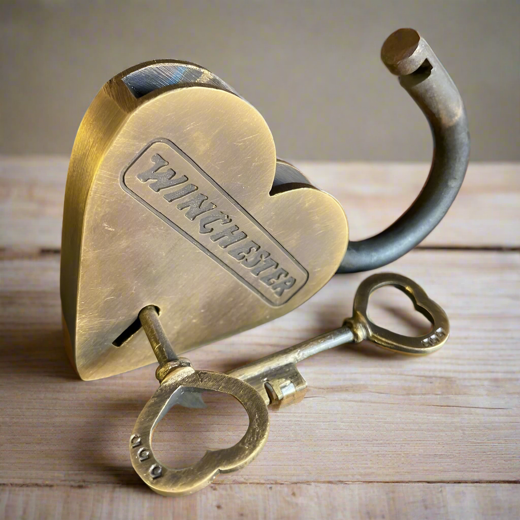 Winchester Heart Solid Brass Lock & Keys With Antique Finish (4.5" x 3")