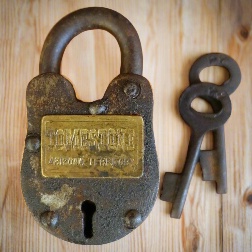 Tombstone Arizona Territory Cast Iron Lock With Keys & Antique Finish (2.5" x 1.5")