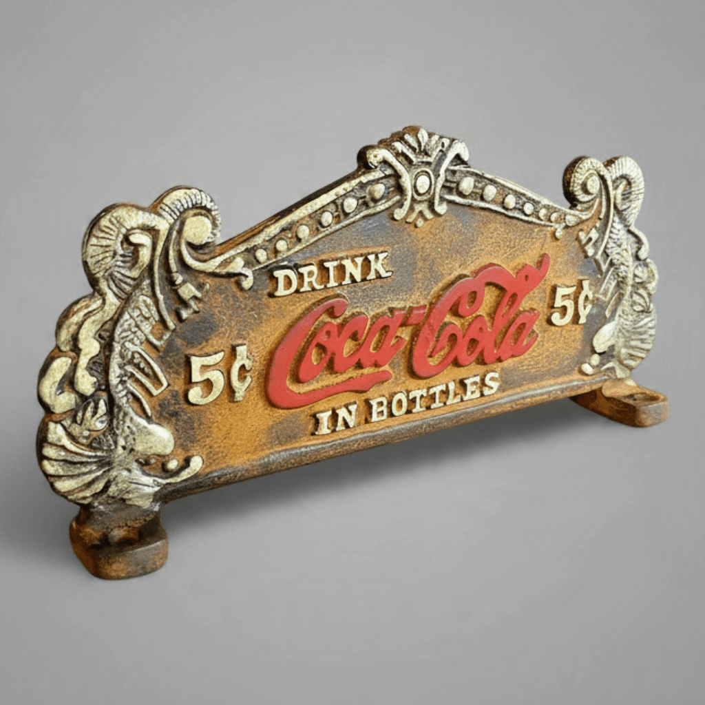 Jones Peak vintage Coca-Cola fountain service cast iron sign with antique patina and raised red lettering