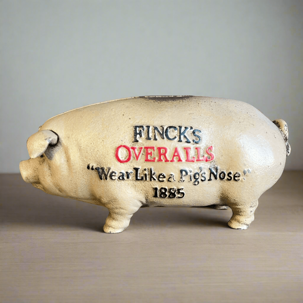 Finck's Overalls 1885 Cast Iron Coin Bank With Raised Lettering Antique Finish (8" x 3" x 3.75") - Jones Peak