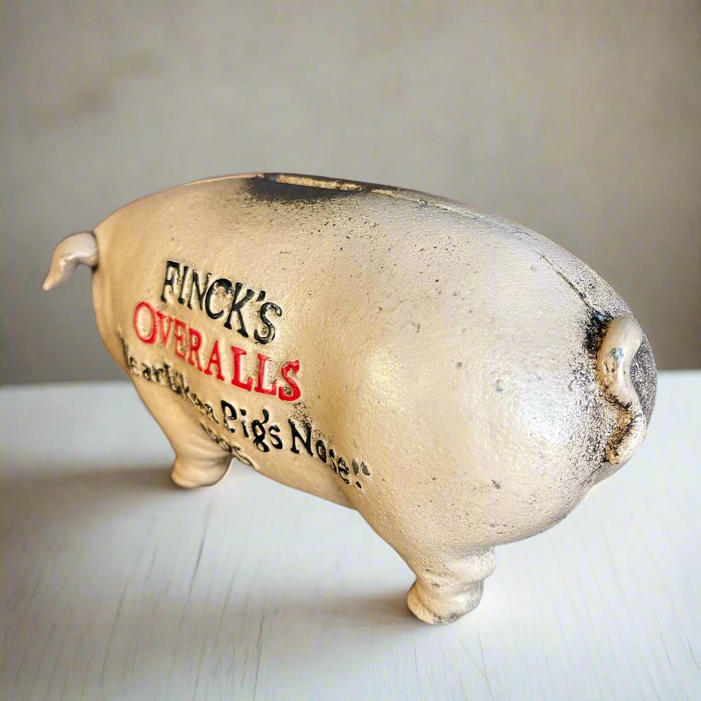 Finck's Overalls 1885 Cast Iron Coin Bank With Raised Lettering Antique Finish (8" x 3" x 3.75") - Jones Peak
