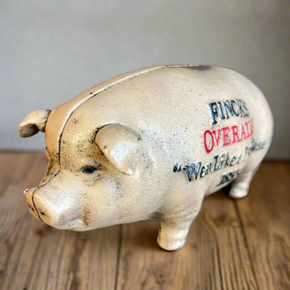 Finck's Overalls 1885 Cast Iron Coin Bank With Raised Lettering Antique Finish (8" x 3" x 3.75") - Jones Peak