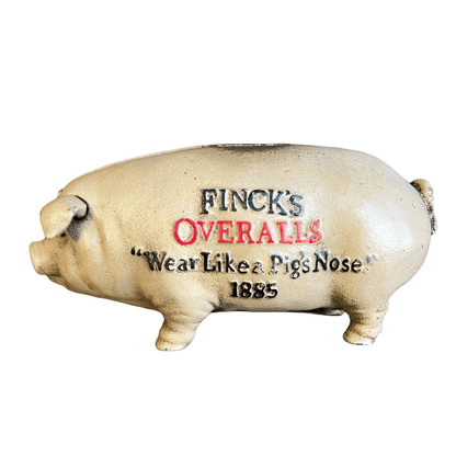 Finck's Overalls 1885 Cast Iron Coin Bank With Raised Lettering Antique Finish (8" x 3" x 3.75") - Jones Peak