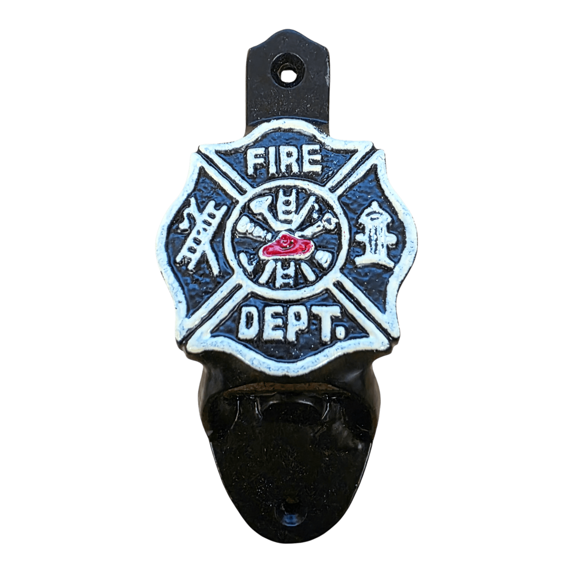 Fire Department Cast Iron Wall Mounted Bottle Opener With Raised Lettering & Painted Finish (4.5" x 2.25") - Jones Peak
