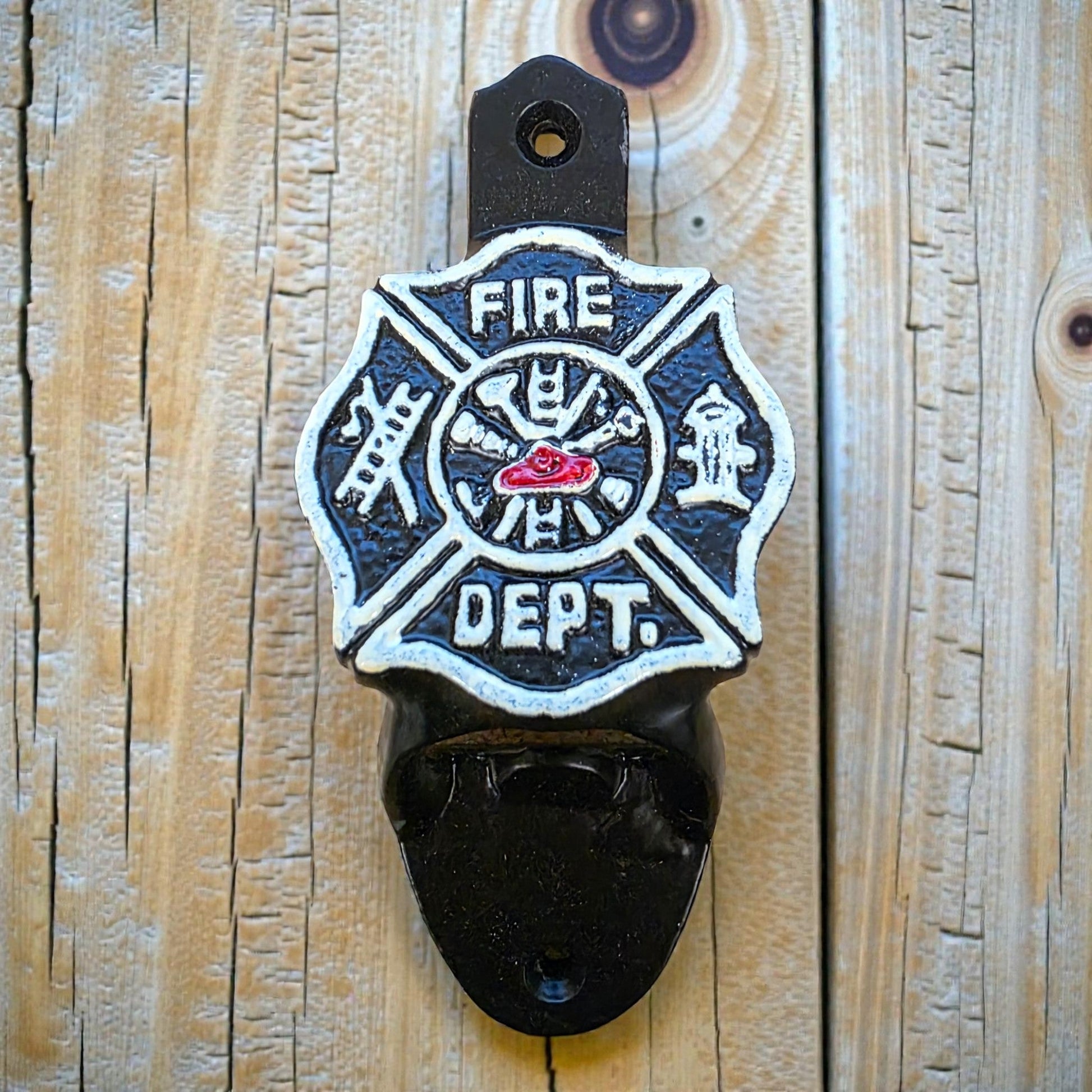 Fire Department Cast Iron Wall Mounted Bottle Opener With Raised Lettering & Painted Finish (4.5" x 2.25") - Jones Peak
