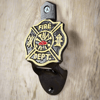 Fire Department Cast Iron Wall Mounted Bottle Opener With Raised Lettering & Painted Finish (4.5" x 2.25") - Jones Peak
