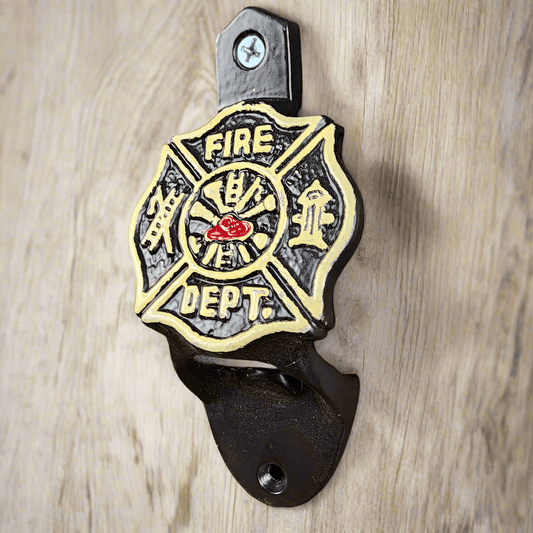 Fire Department Cast Iron Wall Mounted Bottle Opener With Raised Lettering & Painted Finish (4.5" x 2.25") - Jones Peak