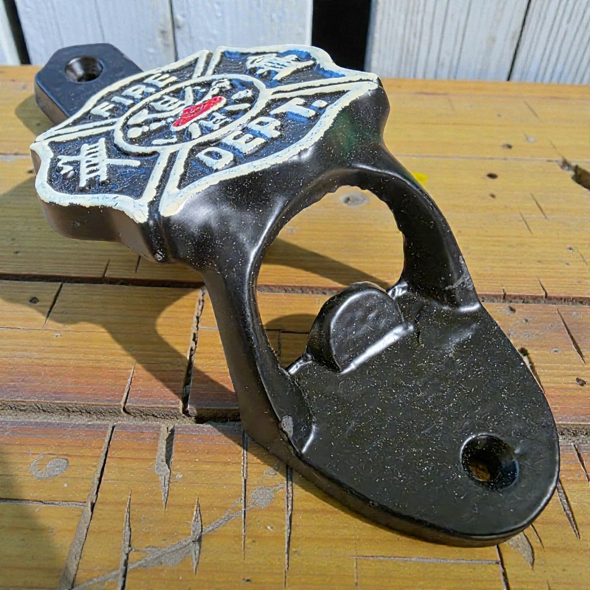 Fire Department Cast Iron Wall Mounted Bottle Opener With Raised Lettering & Painted Finish (4.5" x 2.25") - Jones Peak