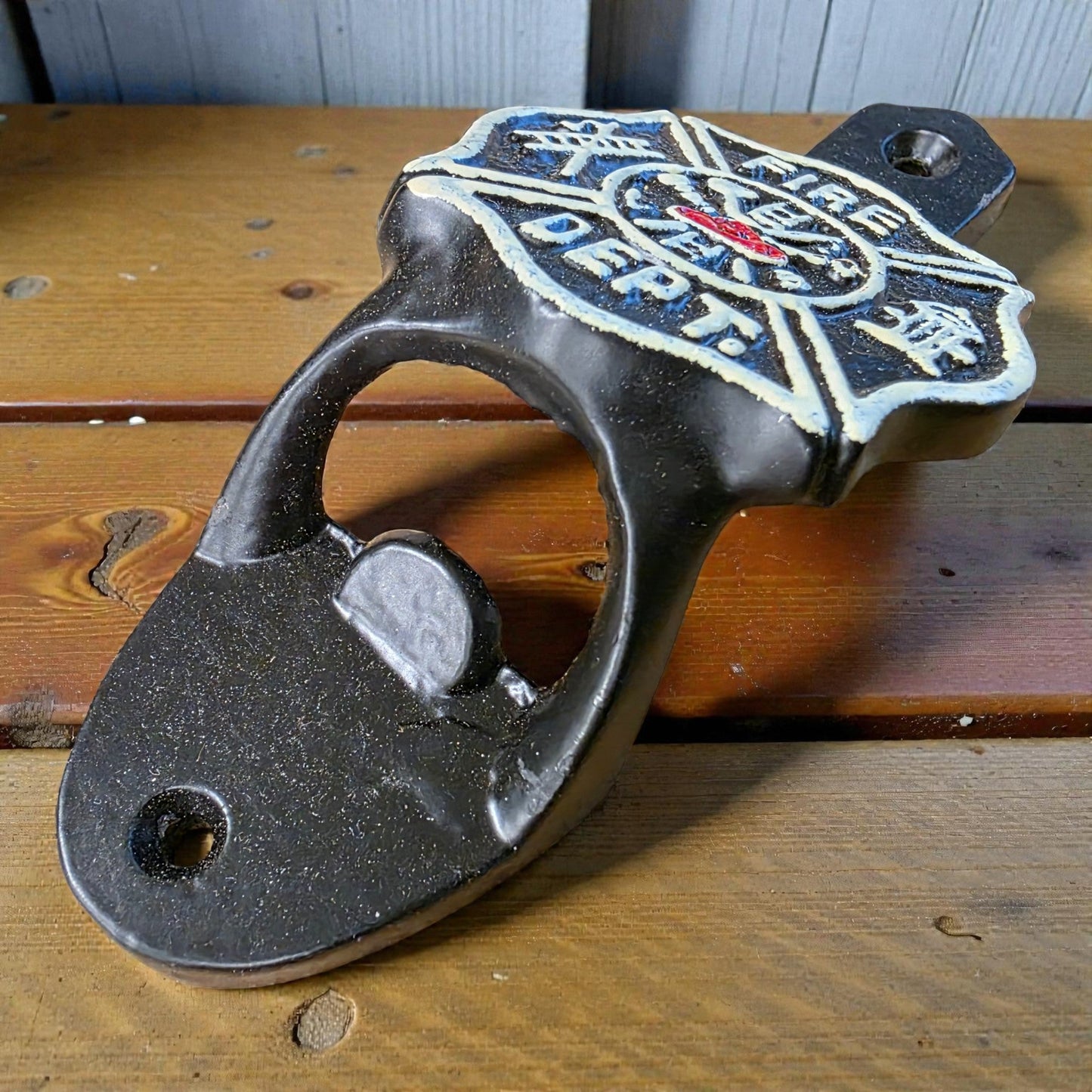 Fire Department Cast Iron Wall Mounted Bottle Opener With Raised Lettering & Painted Finish (4.5" x 2.25") - Jones Peak